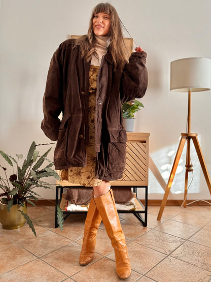 1980's vintage dark chocolate brown suede coat with plaid fleece lining