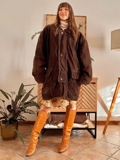 1980's vintage dark chocolate brown suede coat with plaid fleece lining