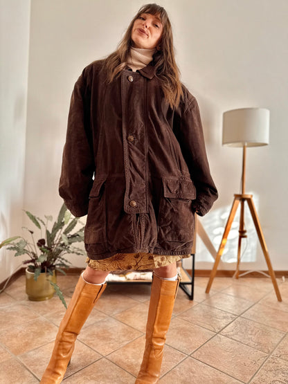 1980's vintage dark chocolate brown suede coat with plaid fleece lining