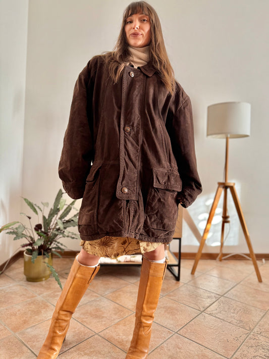 1980's vintage dark chocolate brown suede coat with plaid fleece lining