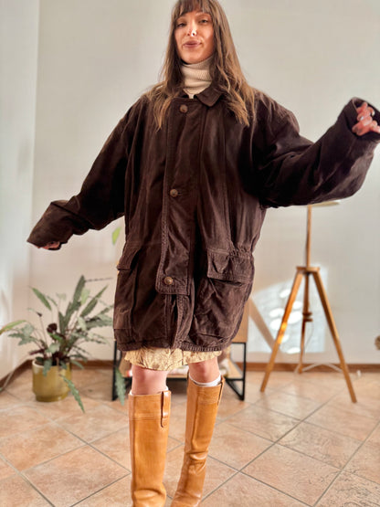 1980's vintage dark chocolate brown suede coat with plaid fleece lining