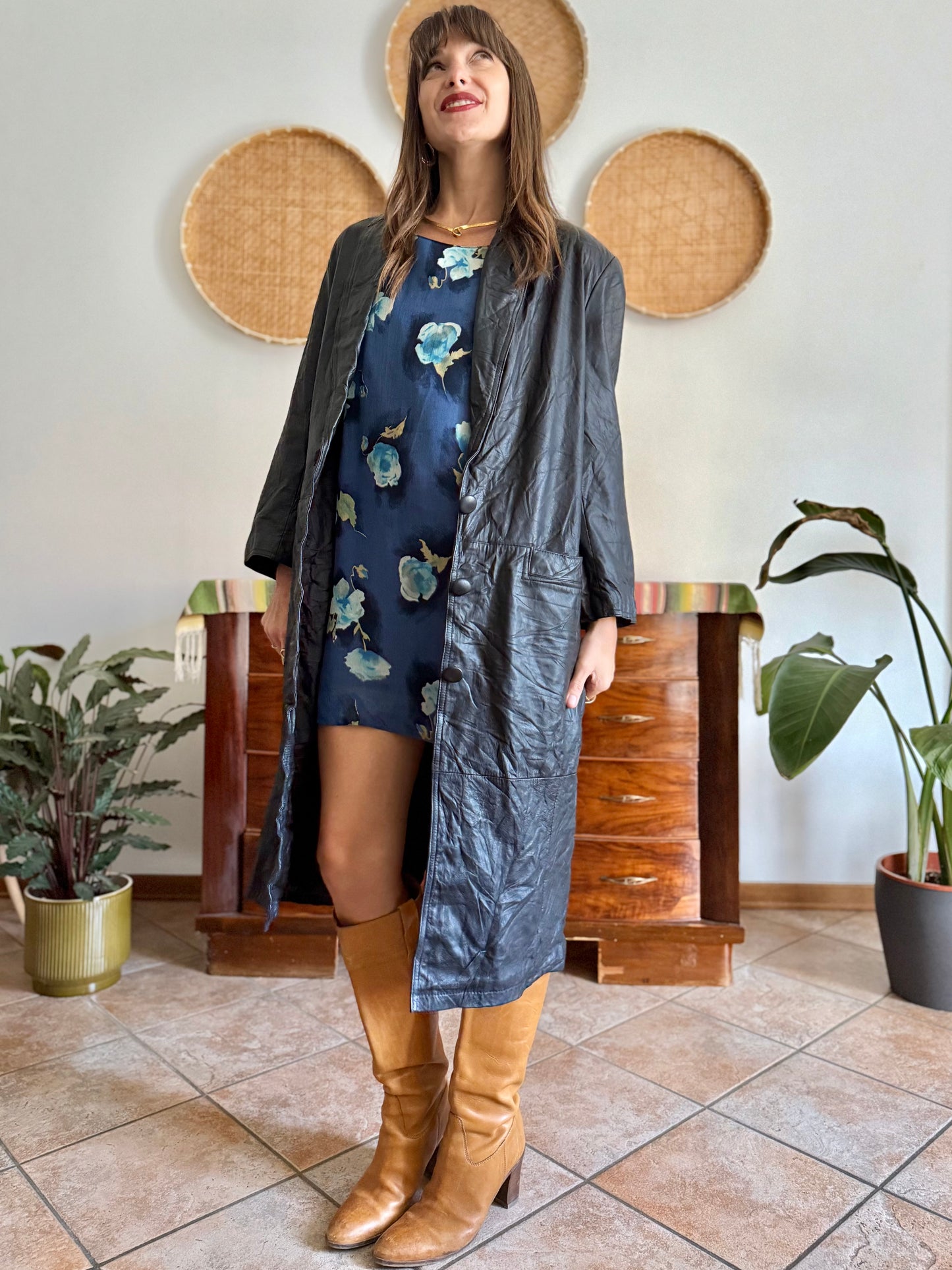 1990's vintage butter soft black leather trench coat