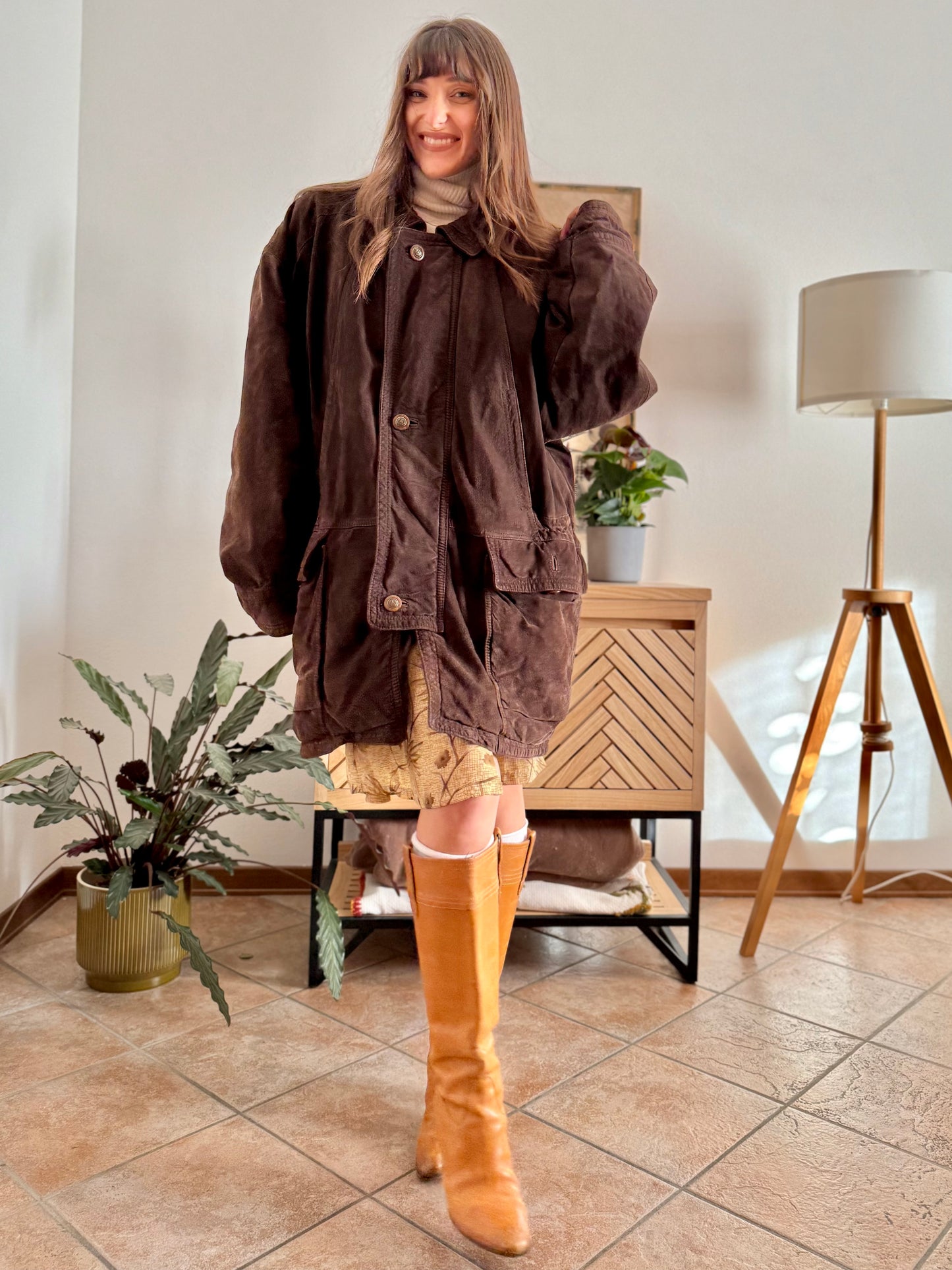 1980's vintage dark chocolate brown suede coat with plaid fleece lining