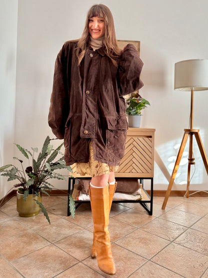 1980's vintage dark chocolate brown suede coat with plaid fleece lining