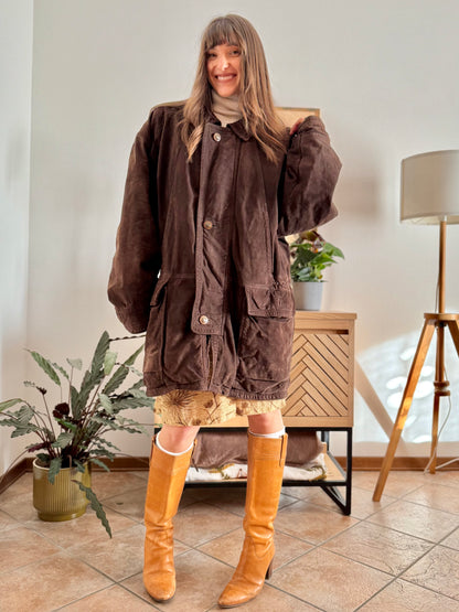 1980's vintage dark chocolate brown suede coat with plaid fleece lining