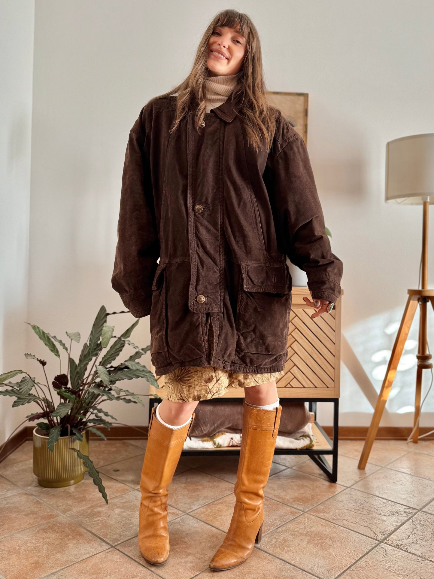 1980's vintage dark chocolate brown suede coat with plaid fleece lining