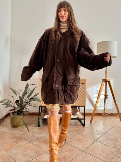 1980's vintage dark chocolate brown suede coat with plaid fleece lining