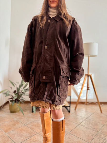 1980's vintage dark chocolate brown suede coat with plaid fleece lining