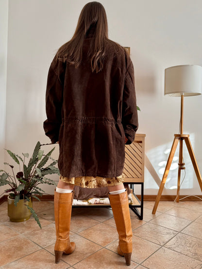 1980's vintage dark chocolate brown suede coat with plaid fleece lining