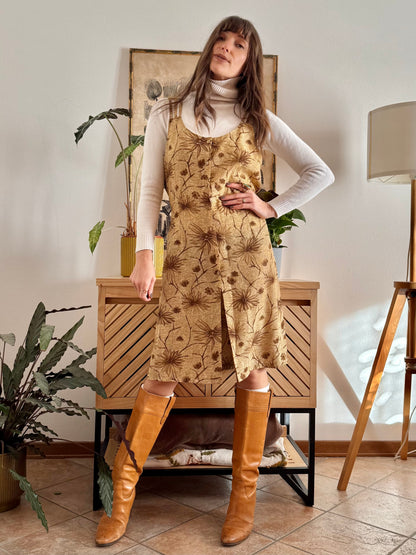 1970's vintage beige silk midi dress with chocolate brown floral print