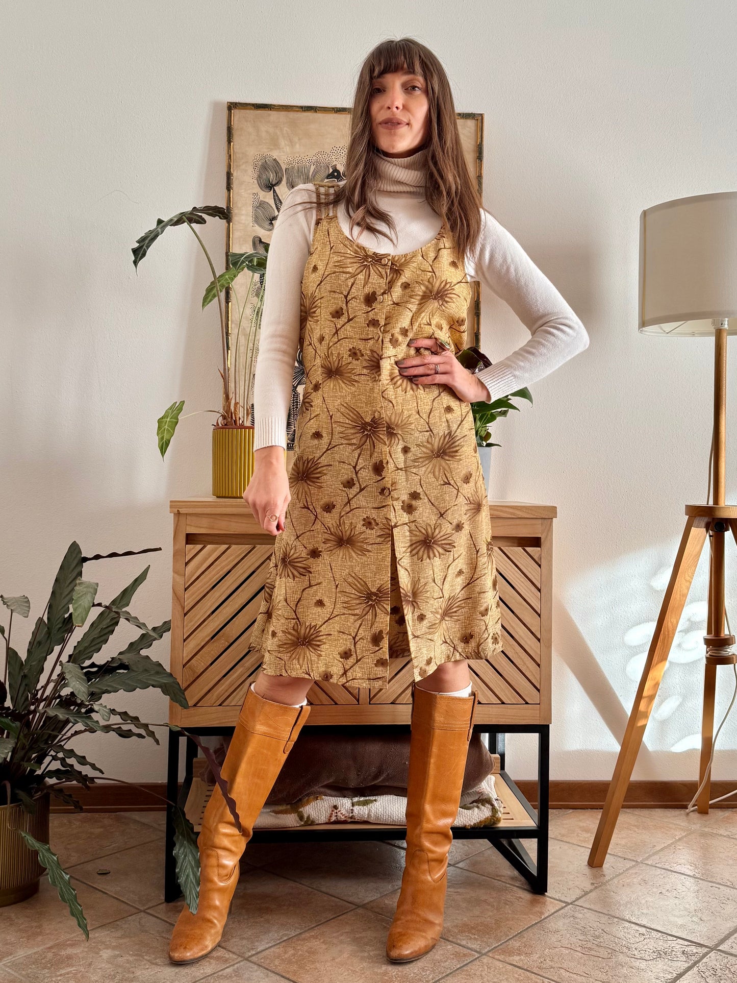 1970's vintage beige silk midi dress with chocolate brown floral print