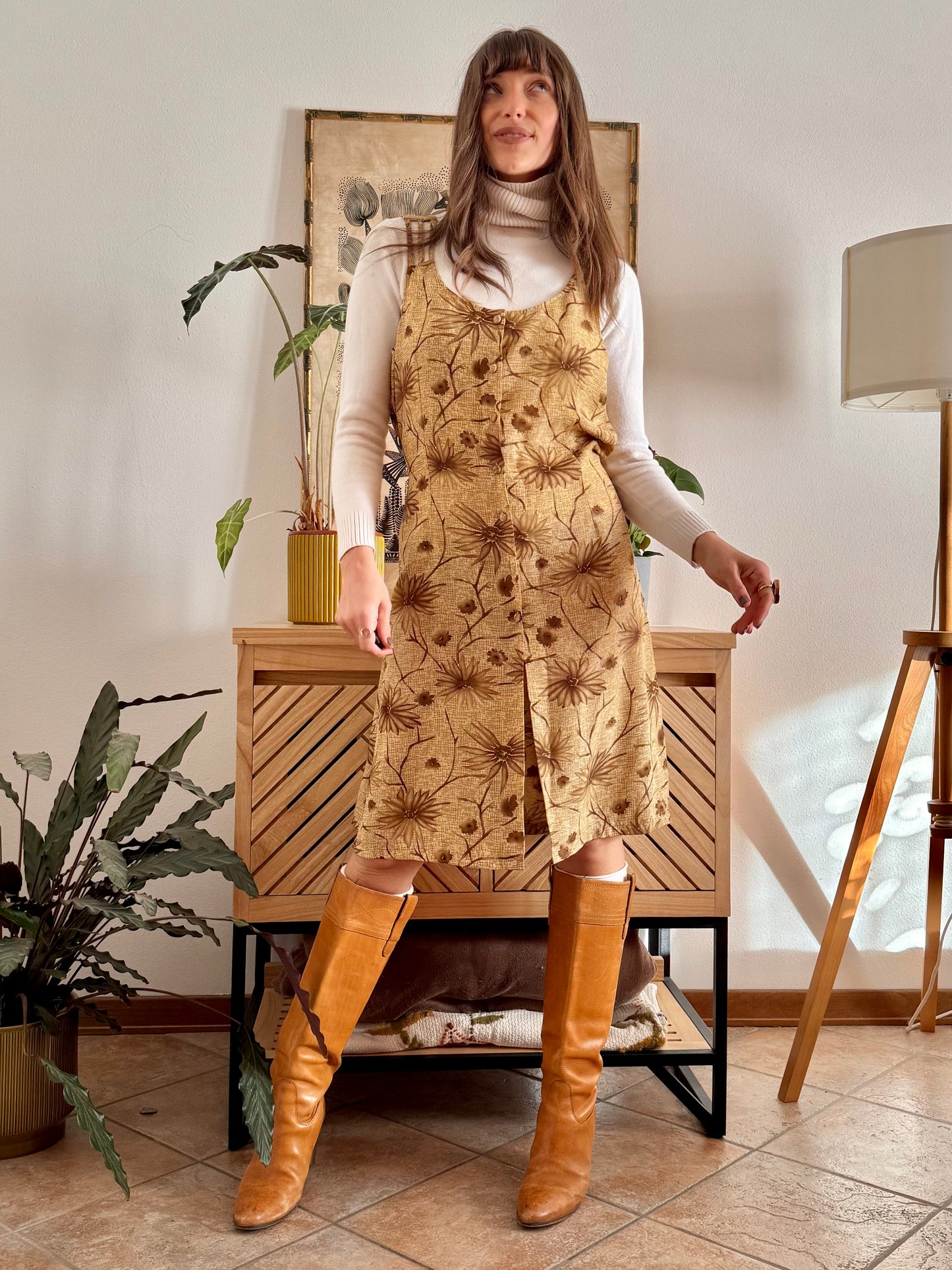 1970's vintage beige silk midi dress with chocolate brown floral print