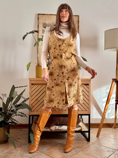 1970's vintage beige silk midi dress with chocolate brown floral print