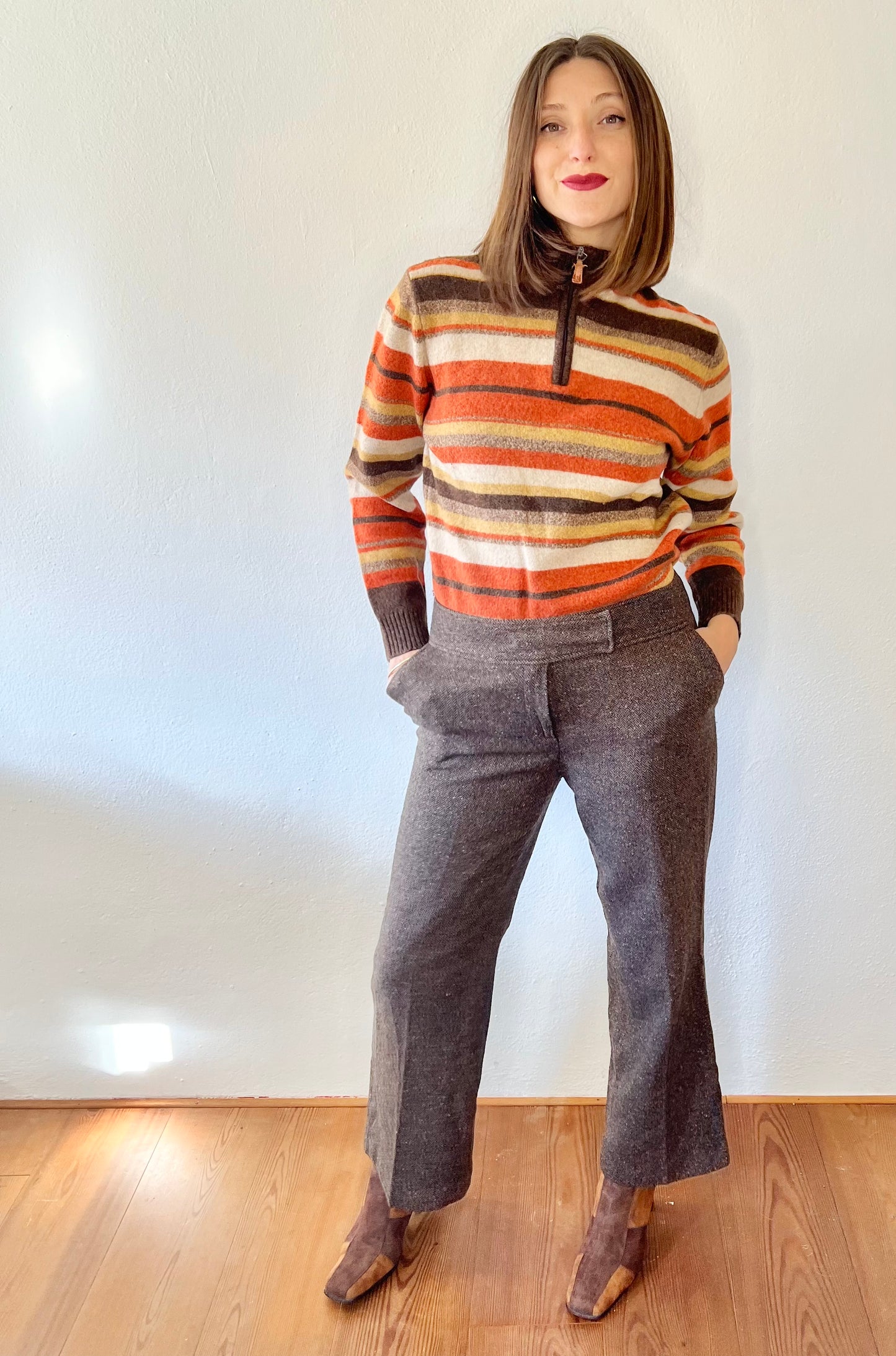 1990's vintage wool blend brown herringbone flare trousers