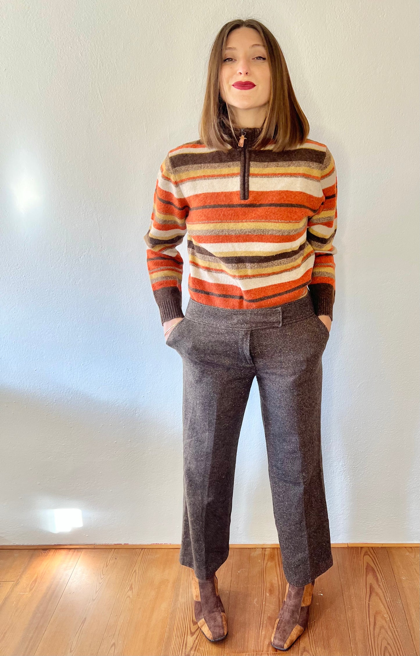 1990's vintage wool blend brown herringbone flare trousers