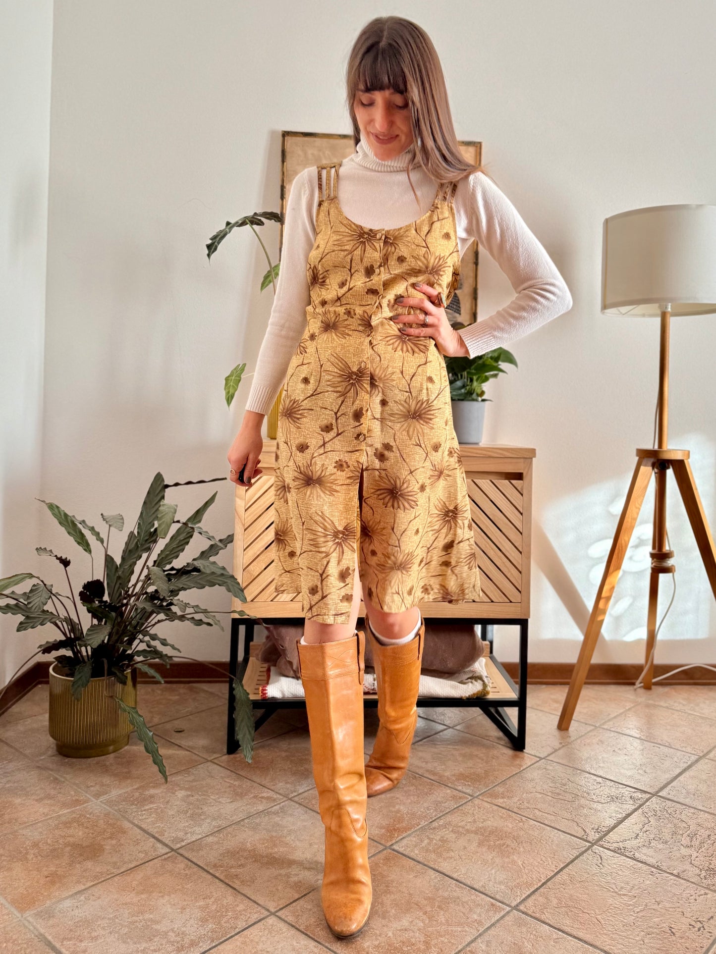 1970's vintage beige silk midi dress with chocolate brown floral print