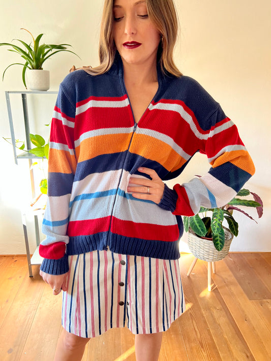 1990's vintage red, blue and orange stripe zip up cardigan