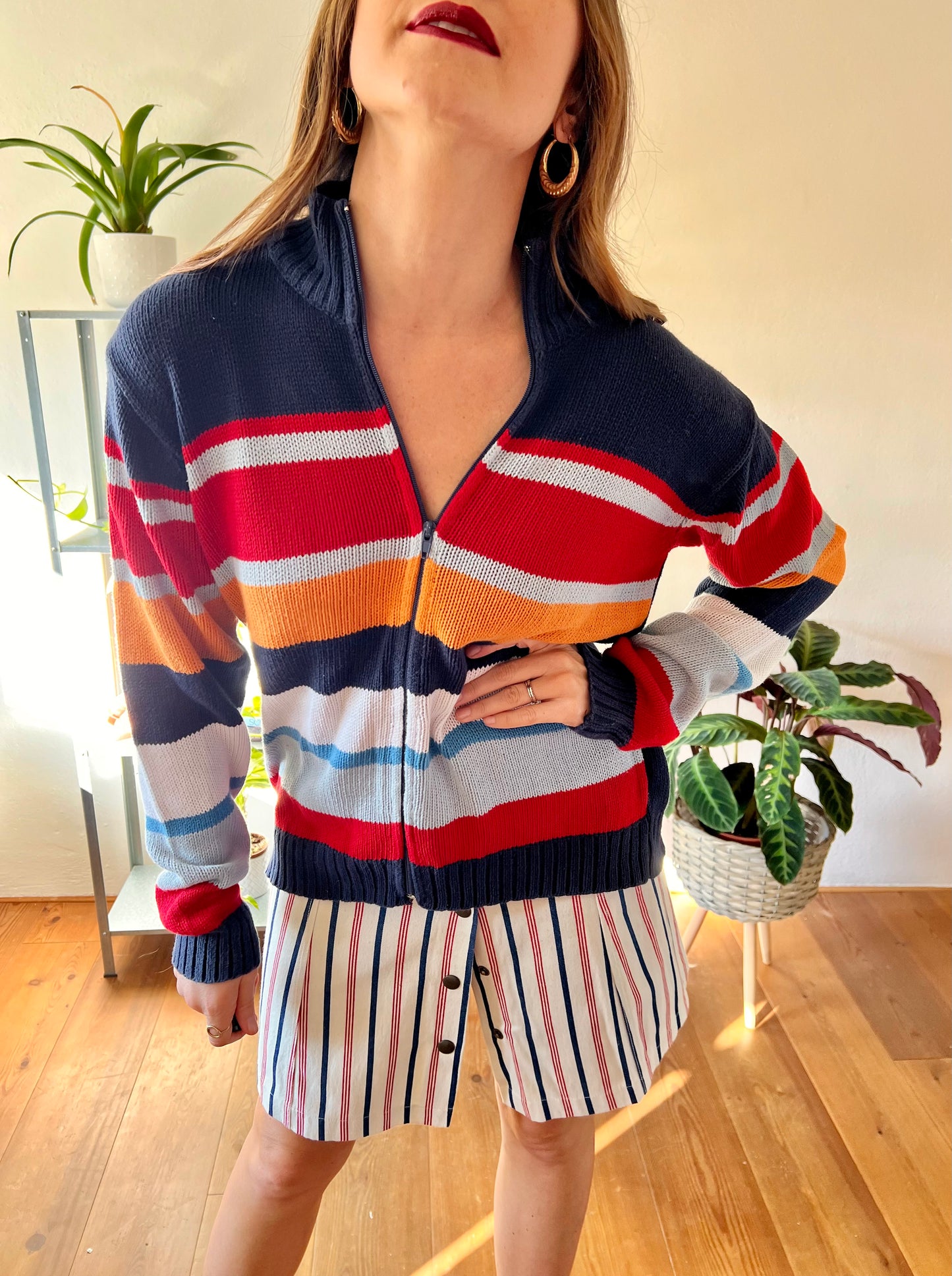 1990's vintage red, blue and orange stripe zip up cardigan