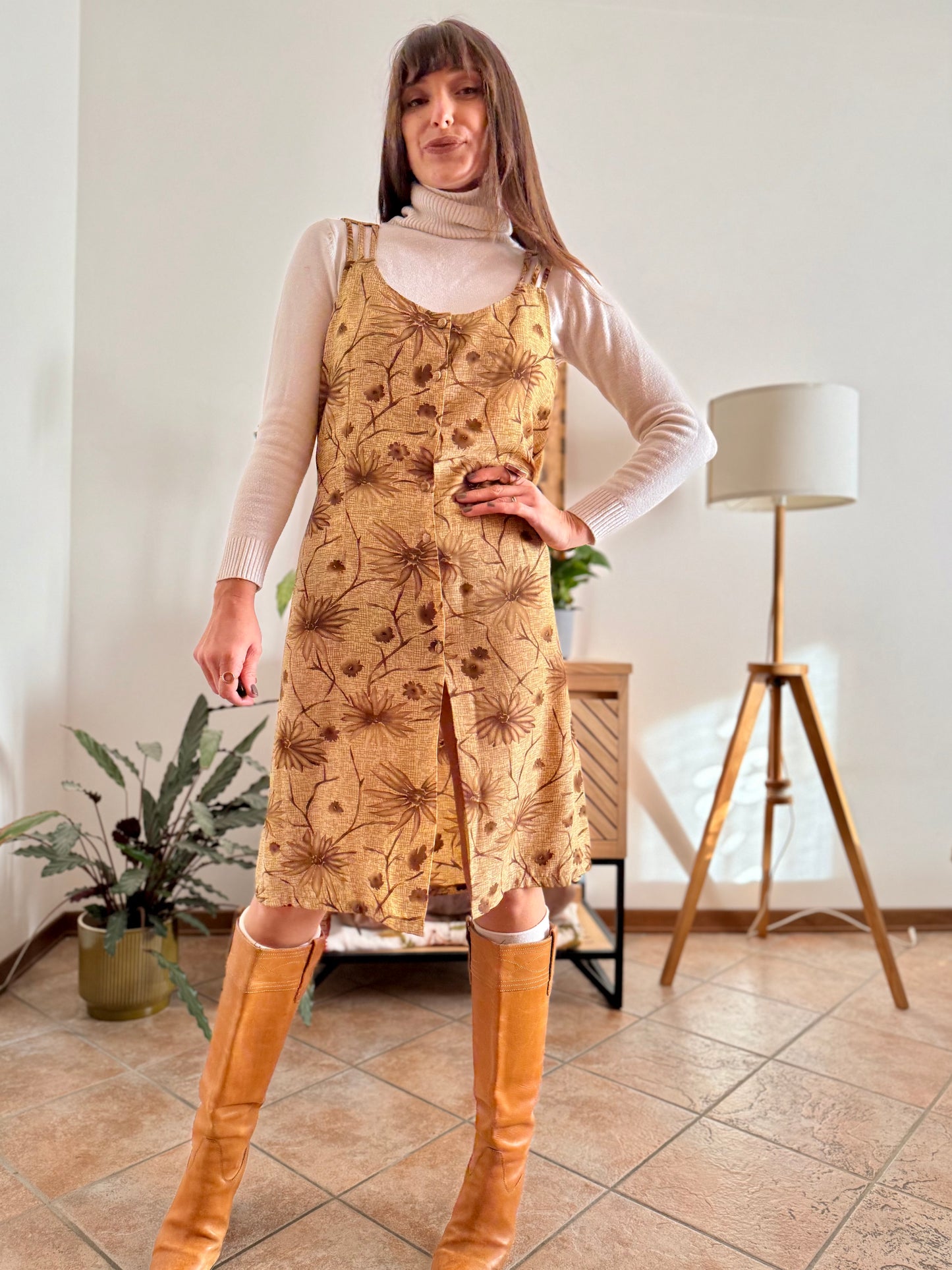 1970's vintage beige silk midi dress with chocolate brown floral print