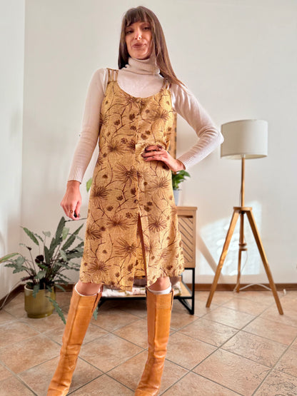 1970's vintage beige silk midi dress with chocolate brown floral print