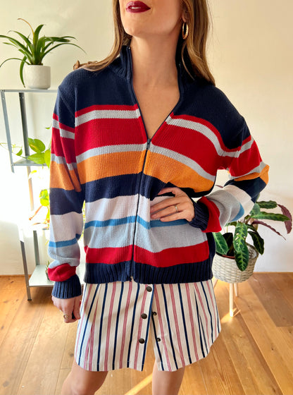 1990's vintage red, blue and orange stripe zip up cardigan