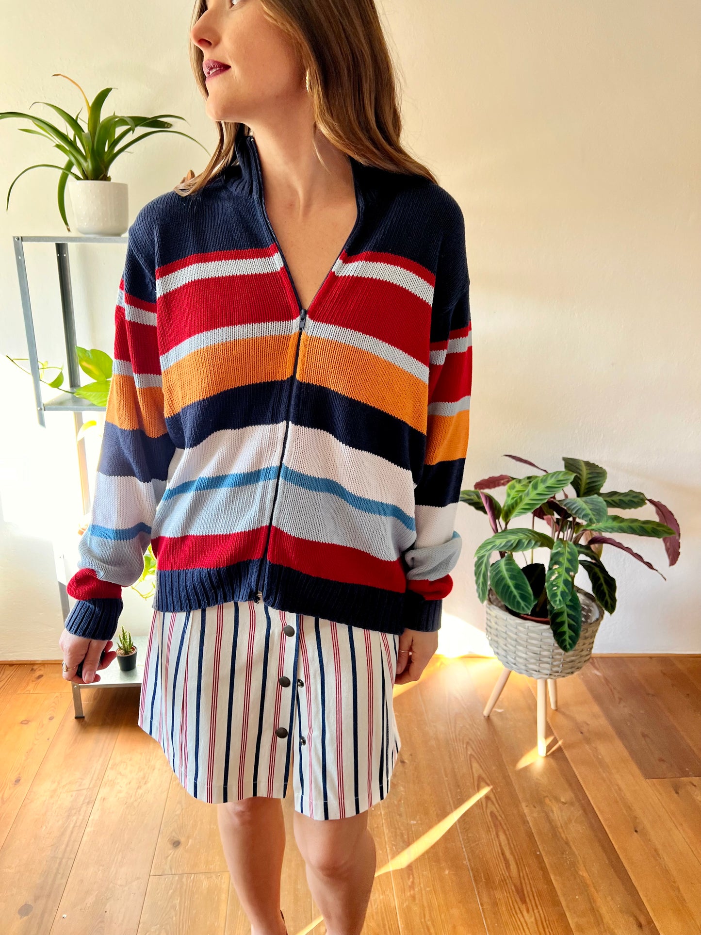 1990's vintage red, blue and orange stripe zip up cardigan