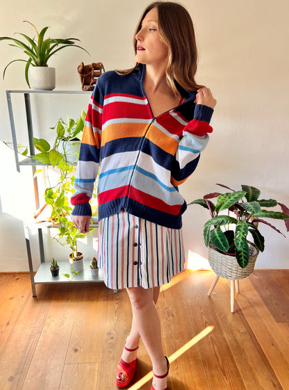 1990's vintage red, blue and orange stripe zip up cardigan