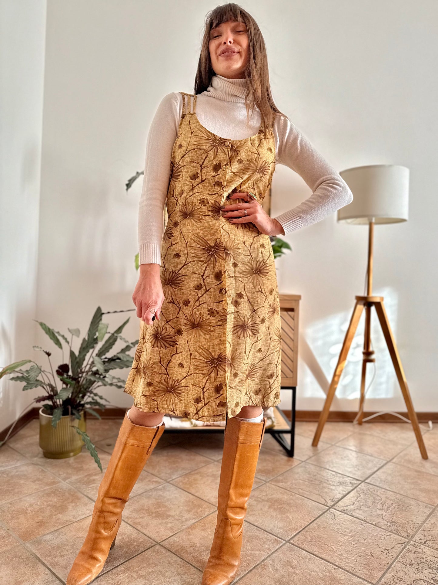 1970's vintage beige silk midi dress with chocolate brown floral print