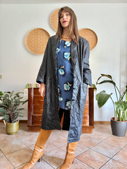 1990's vintage butter soft black leather trench coat