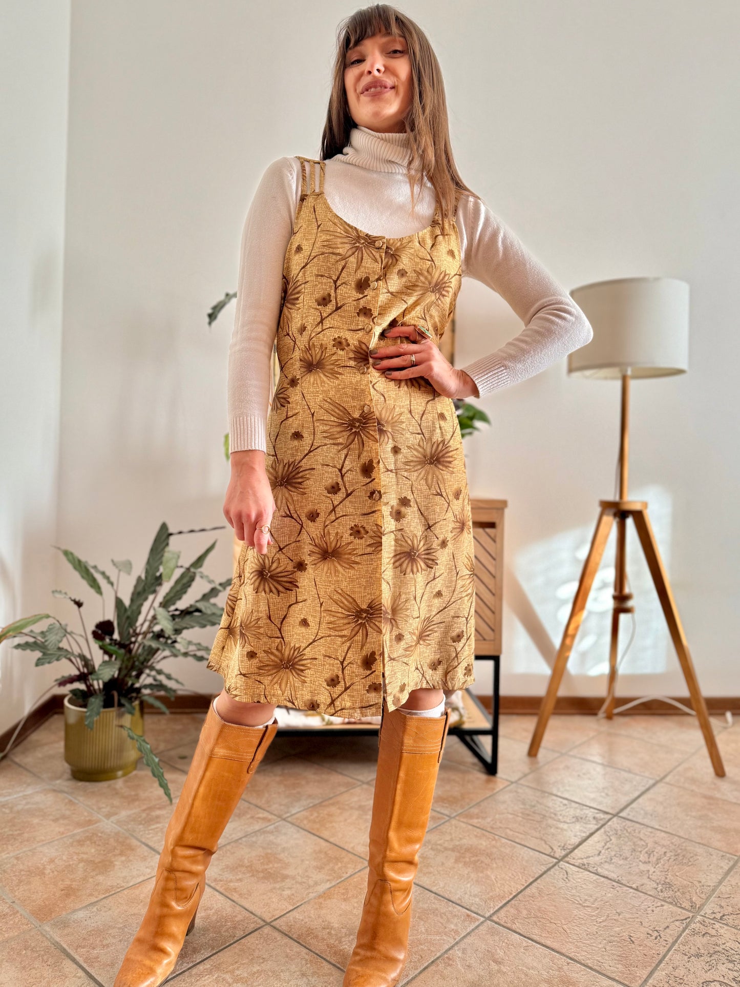 1970's vintage beige silk midi dress with chocolate brown floral print