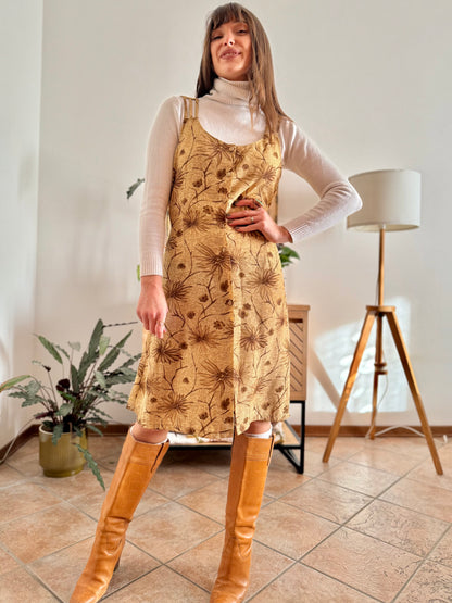 1970's vintage beige silk midi dress with chocolate brown floral print