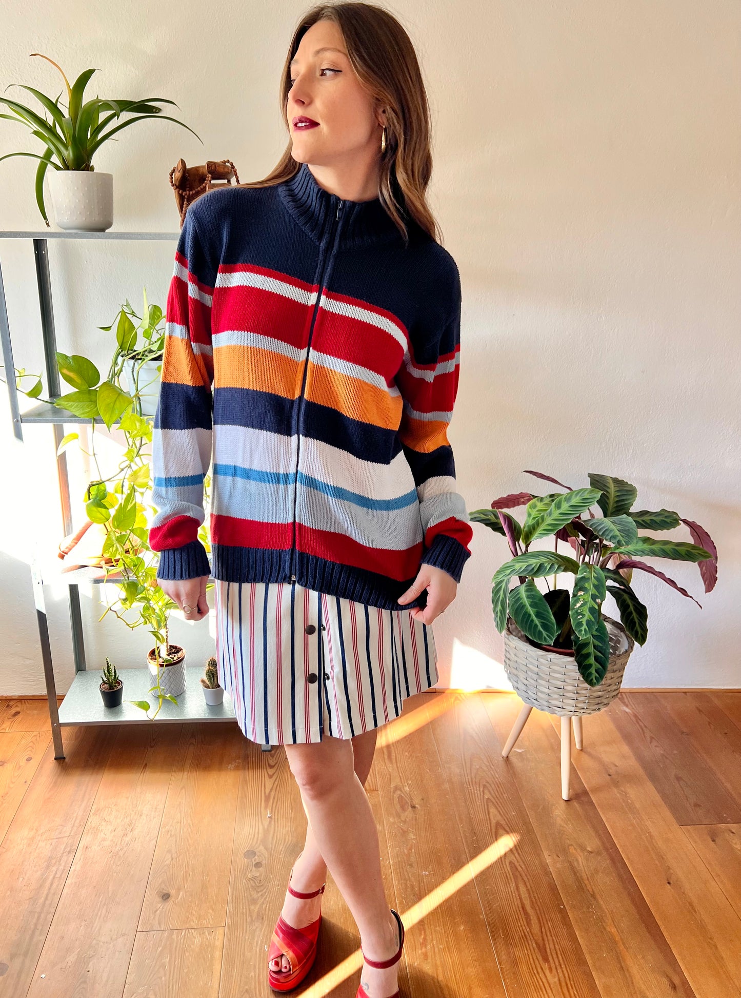 1990's vintage red, blue and orange stripe zip up cardigan