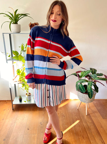 1990's vintage red, blue and orange stripe zip up cardigan