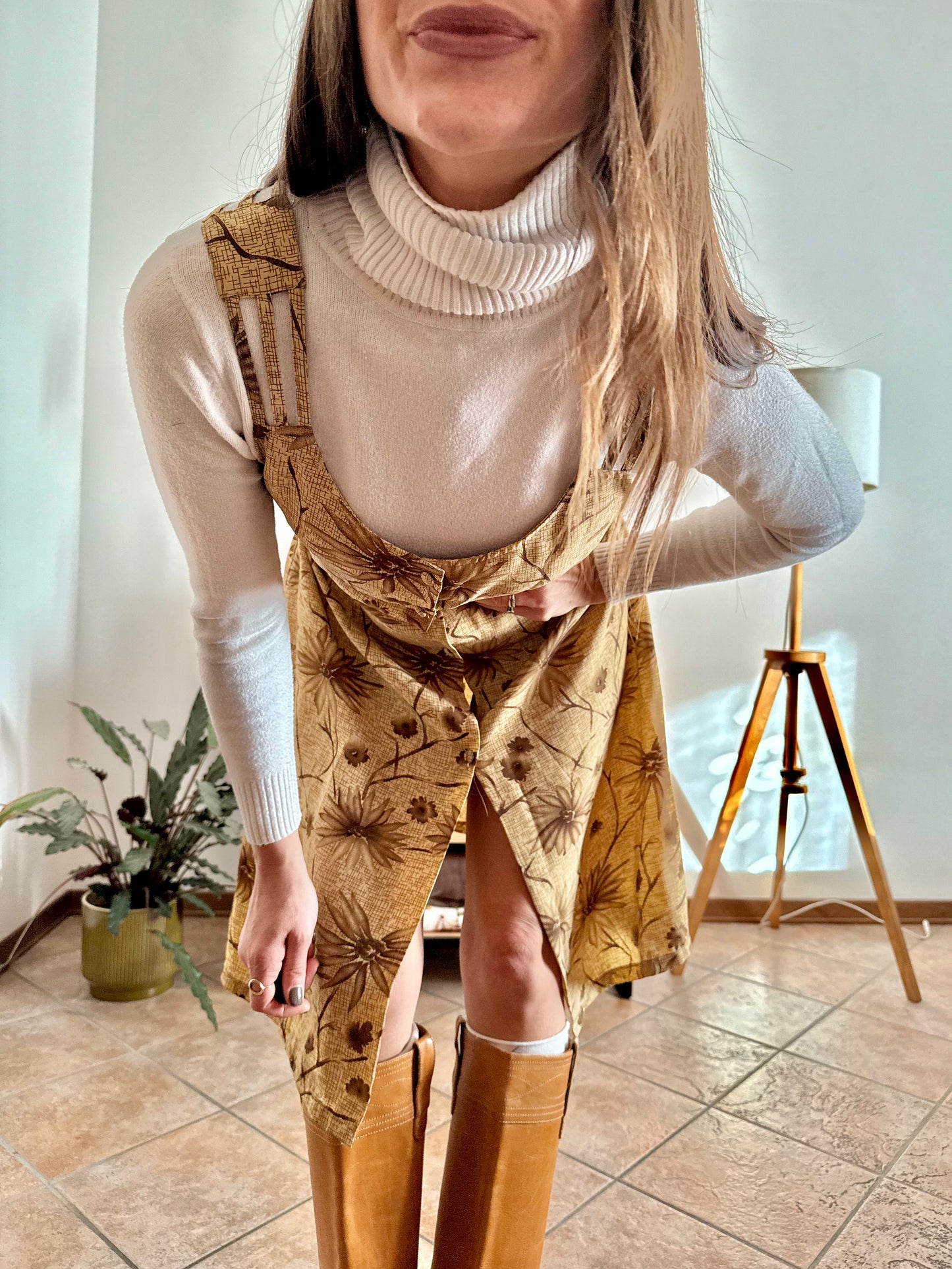 1970's vintage beige silk midi dress with chocolate brown floral print