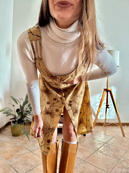 1970's vintage beige silk midi dress with chocolate brown floral print