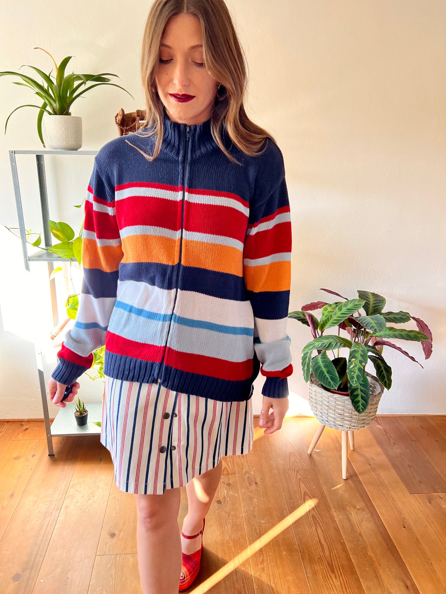 1990's vintage red, blue and orange stripe zip up cardigan