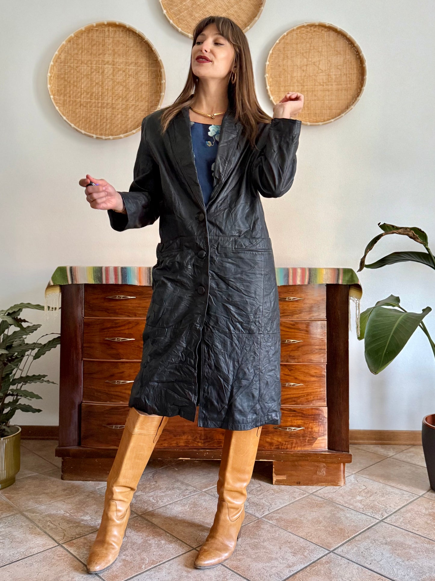 1990's vintage butter soft black leather trench coat