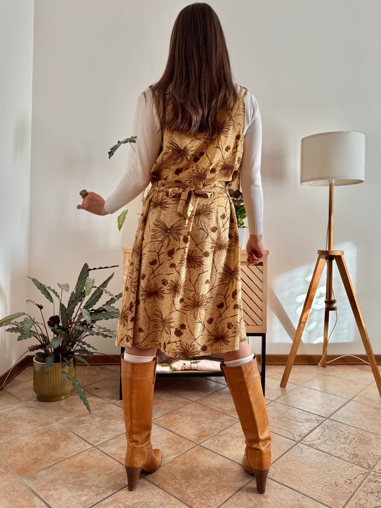 1970's vintage beige silk midi dress with chocolate brown floral print