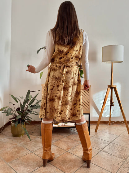 1970's vintage beige silk midi dress with chocolate brown floral print