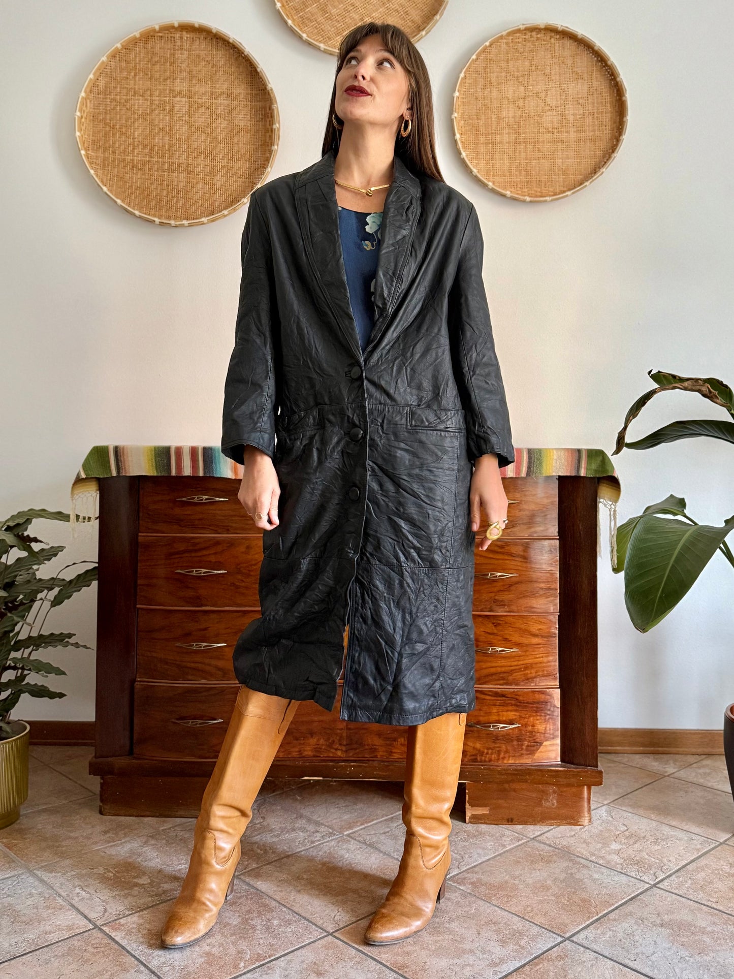 1990's vintage butter soft black leather trench coat