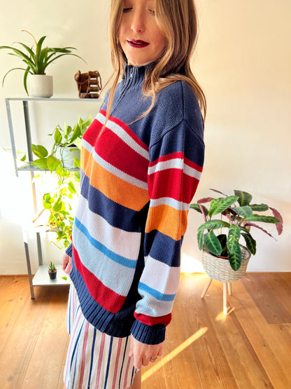 1990's vintage red, blue and orange stripe zip up cardigan