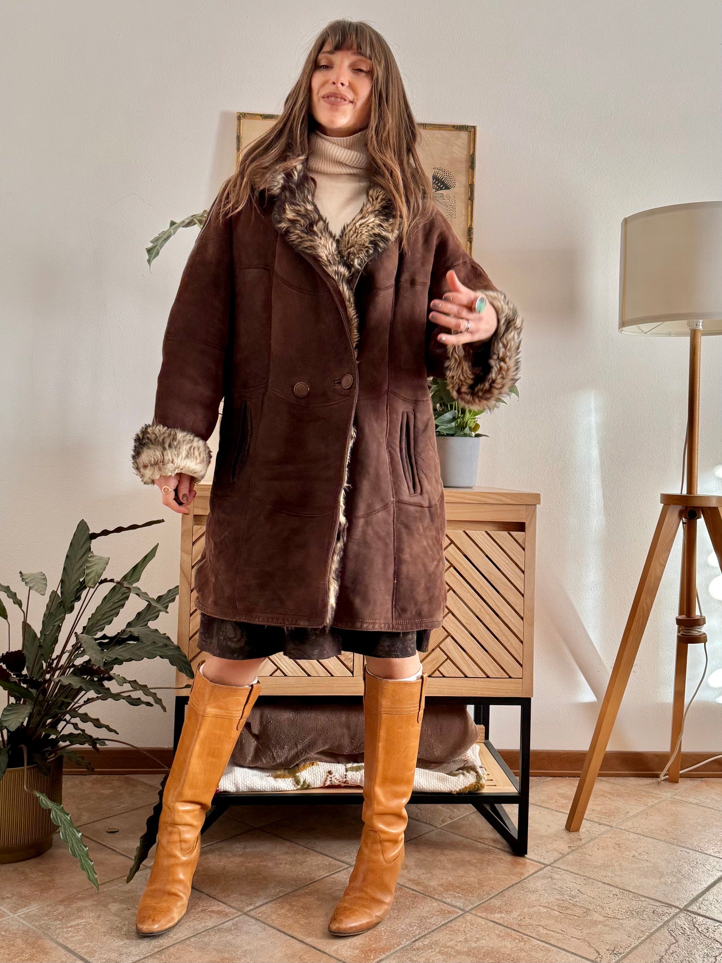 1970's vintage chocolate brown quilted shearling monotone coat with beige and brown lining