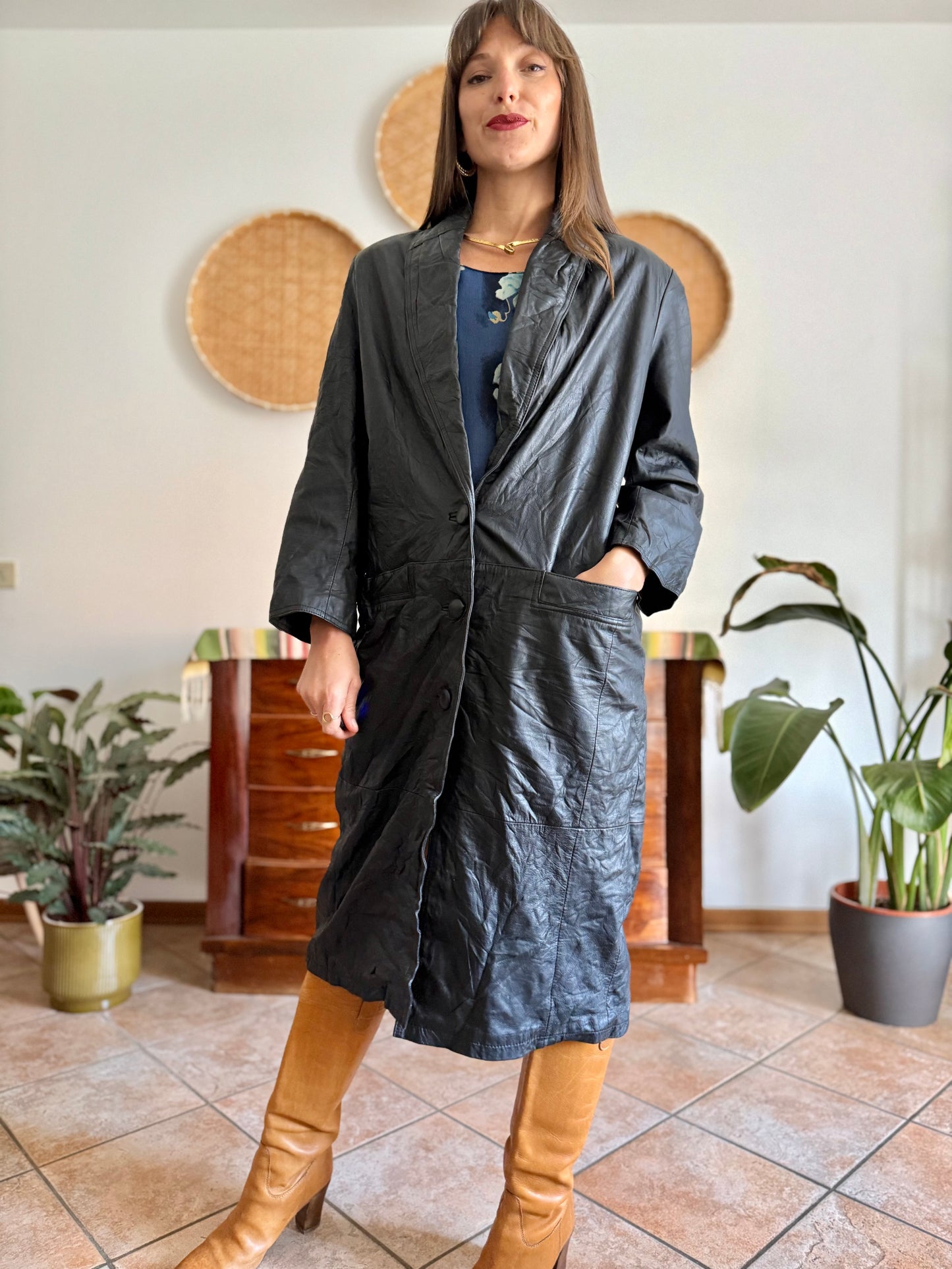 1990's vintage butter soft black leather trench coat