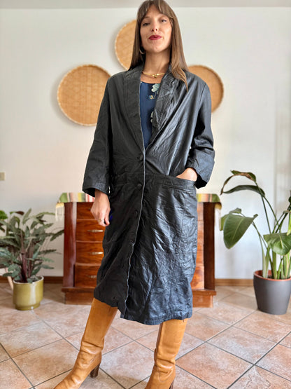 1990's vintage butter soft black leather trench coat