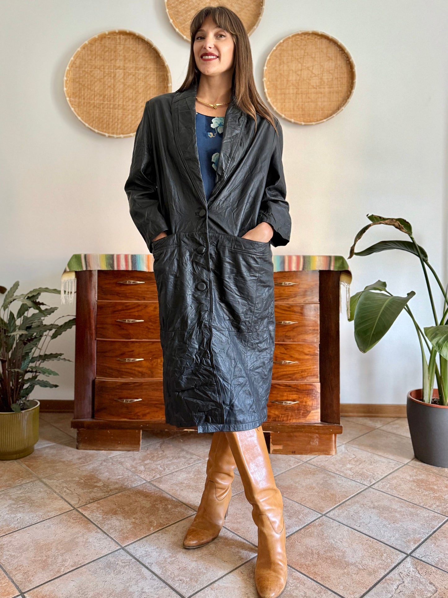 1990's vintage butter soft black leather trench coat