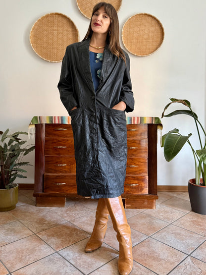 1990's vintage butter soft black leather trench coat