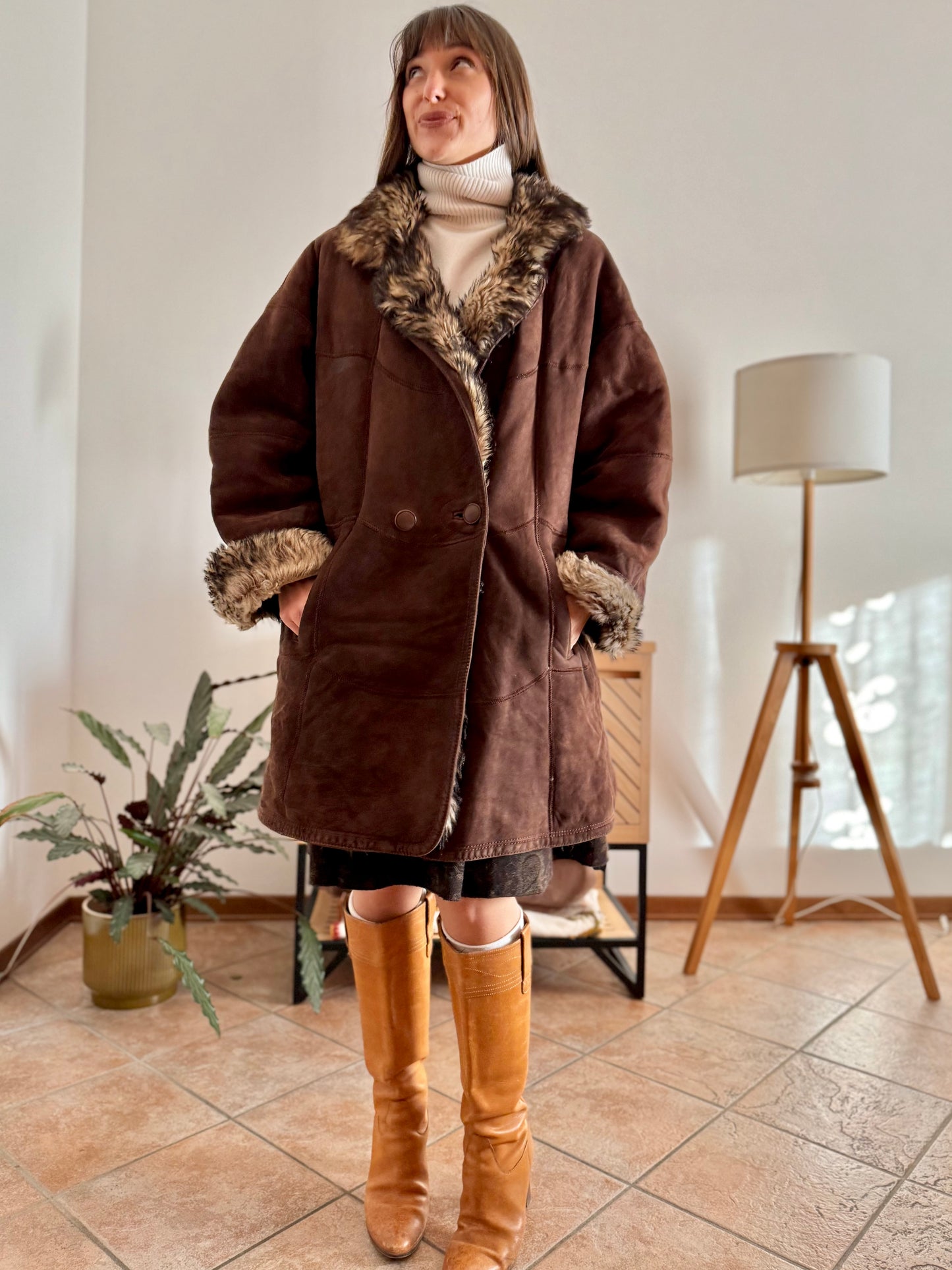 1970's vintage chocolate brown quilted shearling monotone coat with beige and brown lining