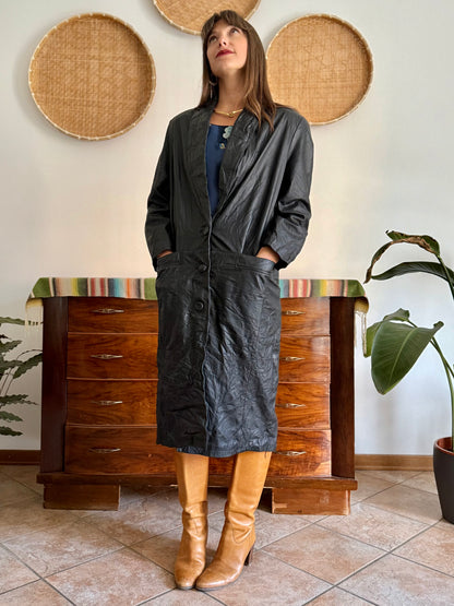 1990's vintage butter soft black leather trench coat