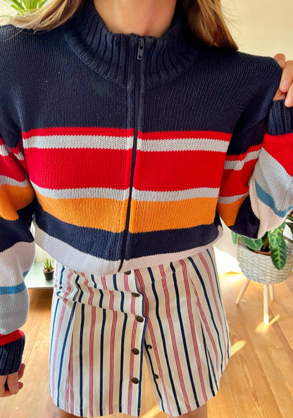 1990's vintage red, blue and orange stripe zip up cardigan