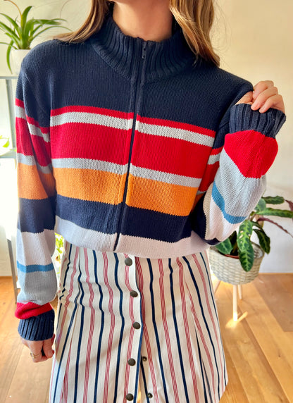 1990's vintage red, blue and orange stripe zip up cardigan